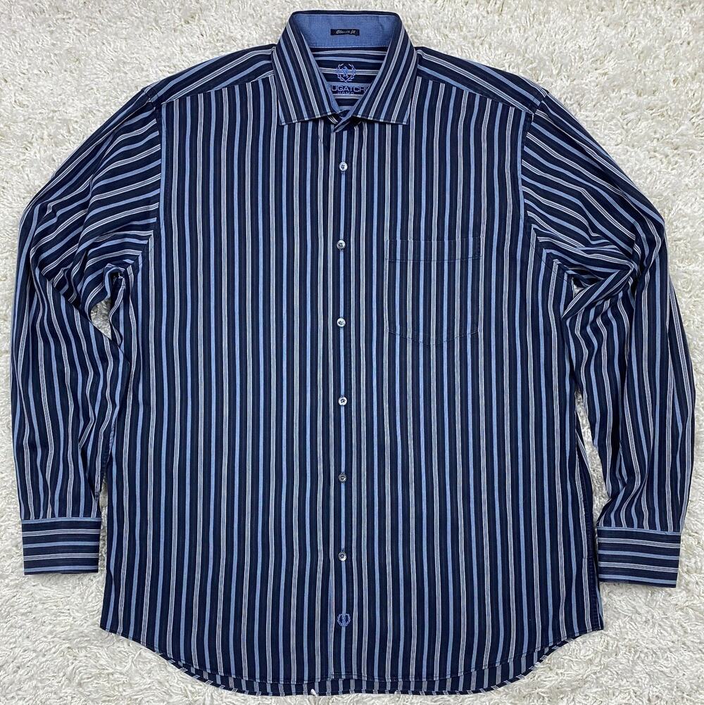 Bugatchi Uomo Men's Classic Fit Striped Dress Shirt Houndstooth Trim Long Slv